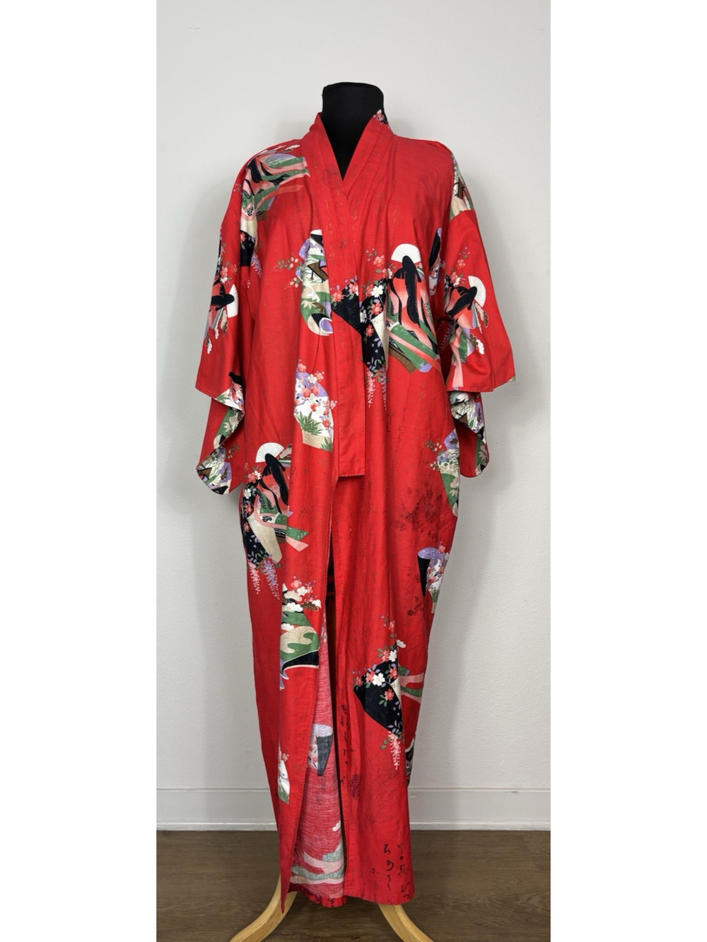 Vintage Japanese Cotton Yukata Kimono Robe Red Geisha Floral Print One Size